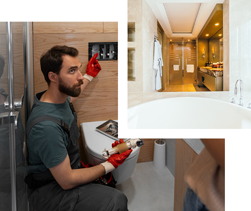 Plumber in red gloves working on toilet in modern bathroom. Additional bathroom views.