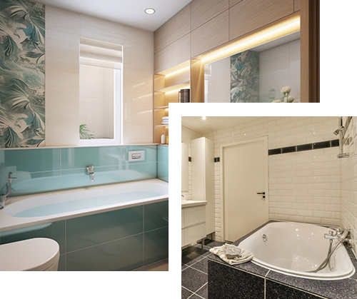 Two modern bathrooms. One has a teal-tiled tub and floral wallpaper. The other is a small, white-tiled space.