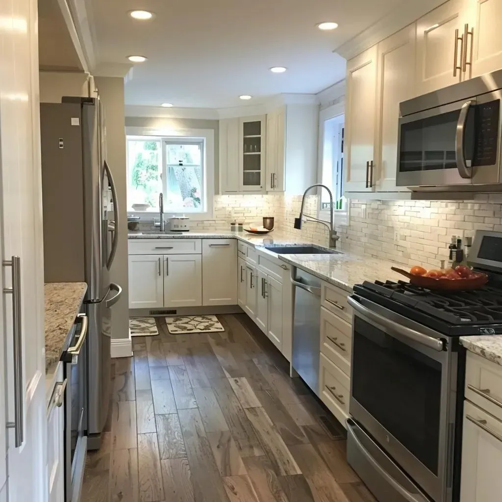 Elegant kitchen with a large island, pendant lights, and stainless steel range hood.