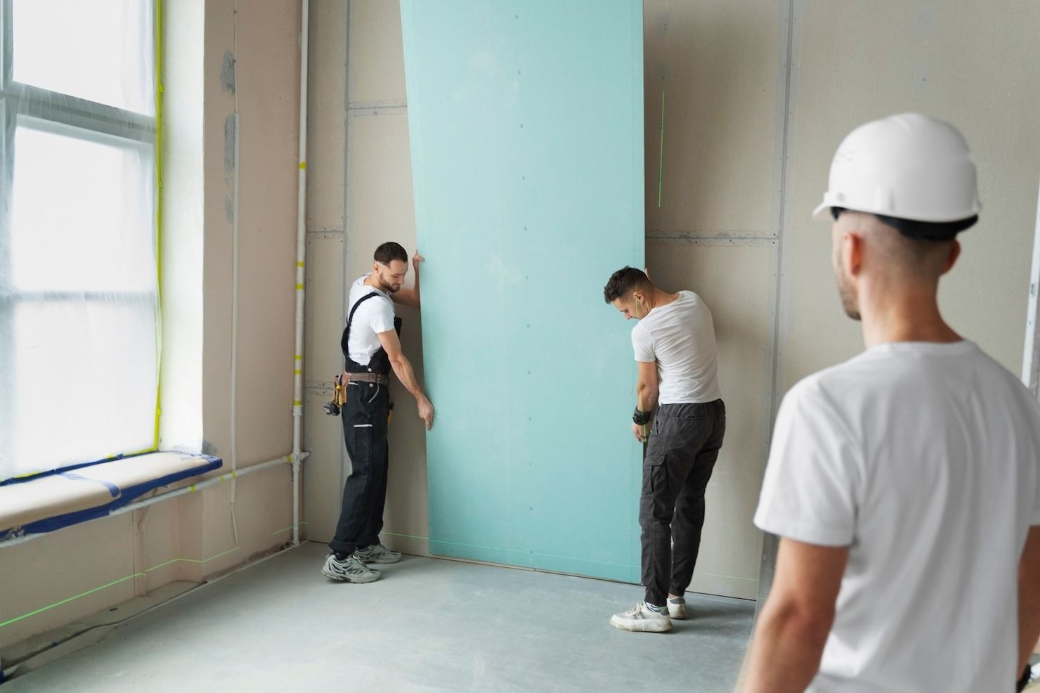 Person in orange safety vest and yellow hard hat using a paint roller on a white wall.