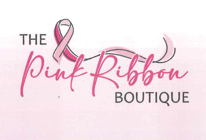 A logo for the pink ribbon boutique with a pink ribbon