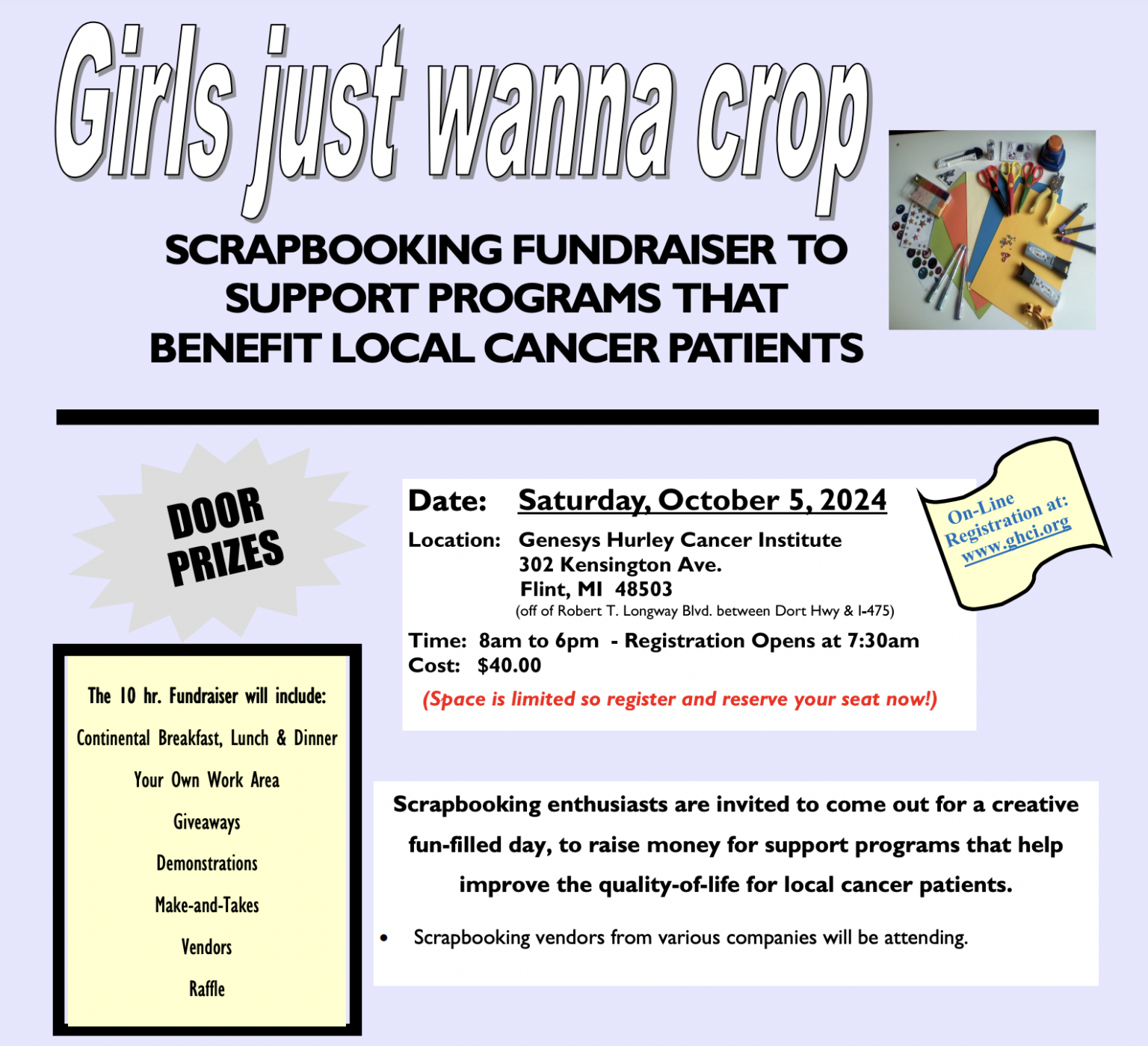 A flyer for a scrapbook fundraiser for local cancer patients