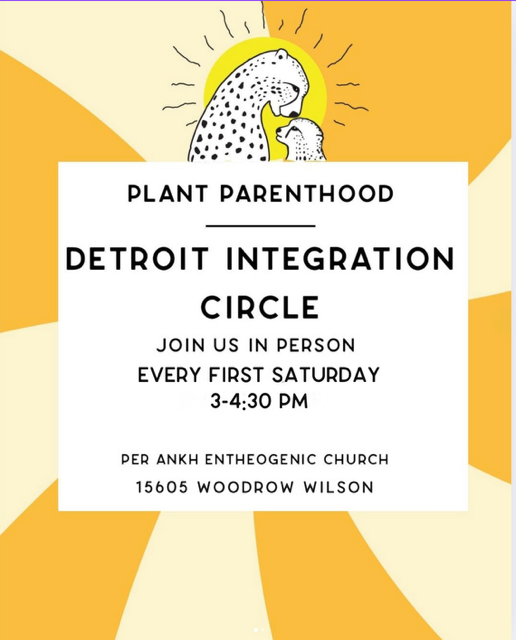 Flyer for Plant Parenthood Detroit Integration Circle featuring a spotted jaguar nuzzling a cub under a sunburst. Text reads: ‘Plant Parenthood Detroit Integration Circle. Join us in person every first Saturday, 3–4:30 PM at Per Ankh Entheogenic Church, 15605 Woodrow Wilson.’ Bright yellow and white sunray background.