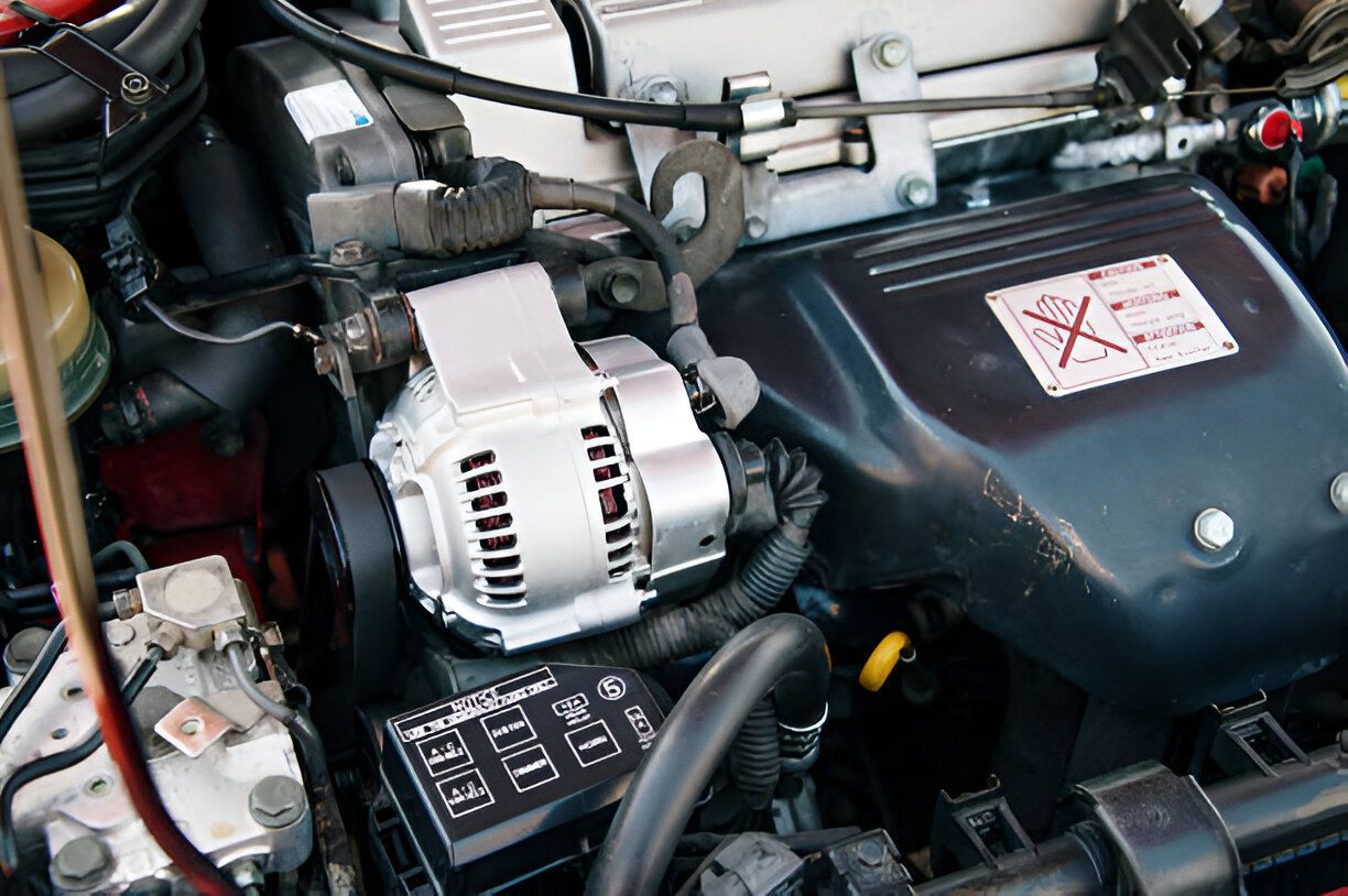 A car engine with a silver alternator and black plastic components.