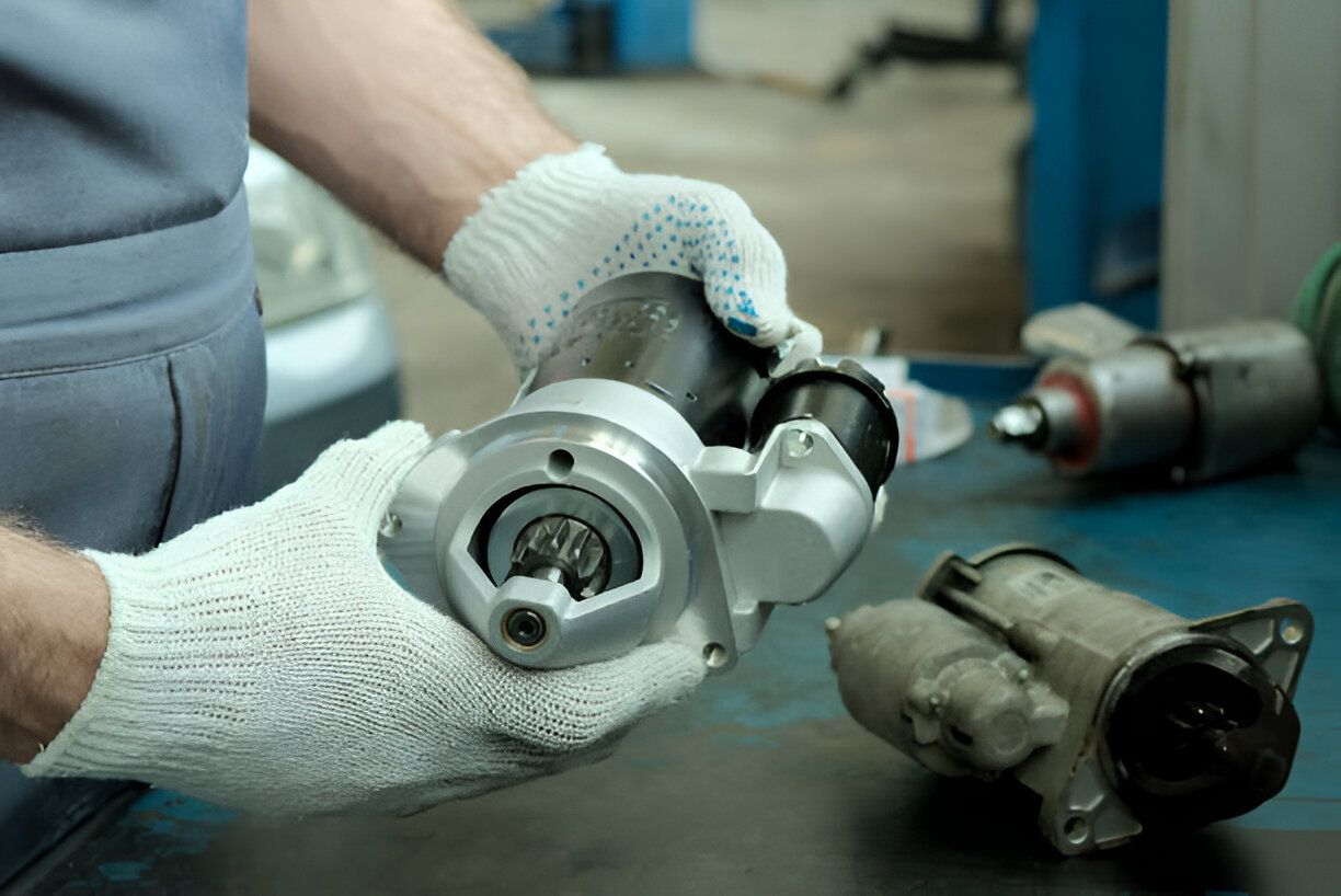 Mechanic holding a car starter motor, wearing gloves, in a garage.