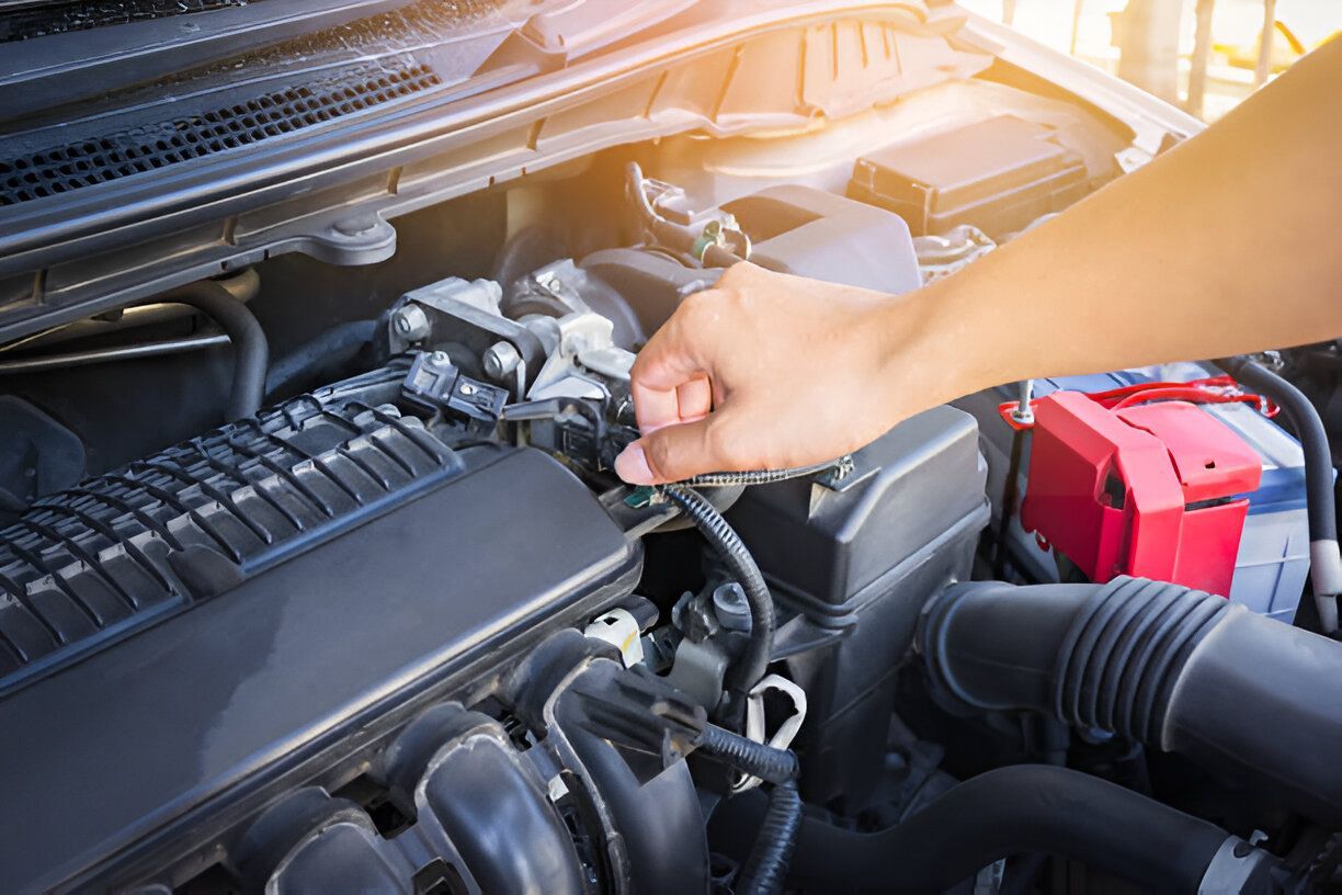 Person's hand checking a car engine under the hood; red battery visible.