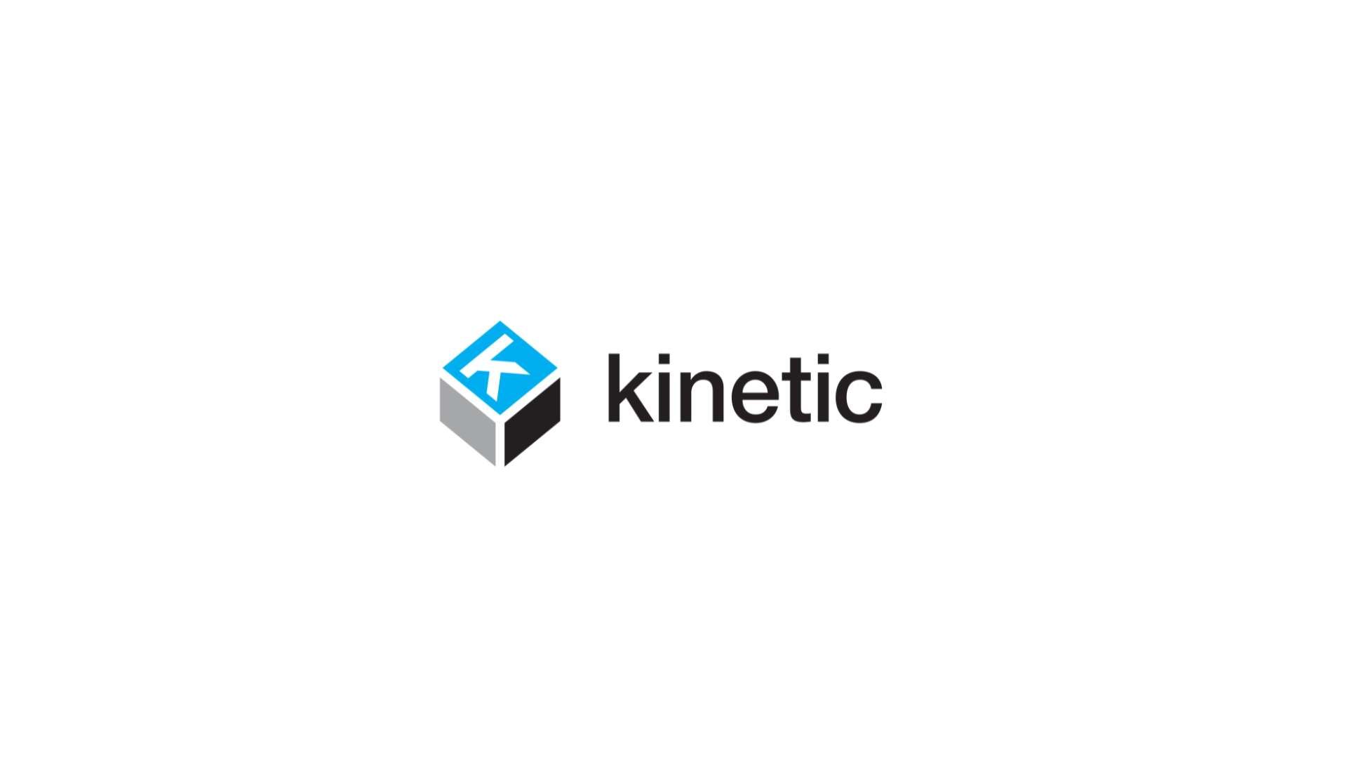 The logo for kinetic is a blue cube with the letter k on it.