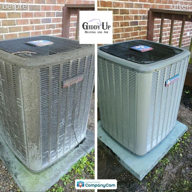 Comparison of a dirty and clean air conditioner unit. Left: before, gray and dusty. Right: after, clean with a gray base.