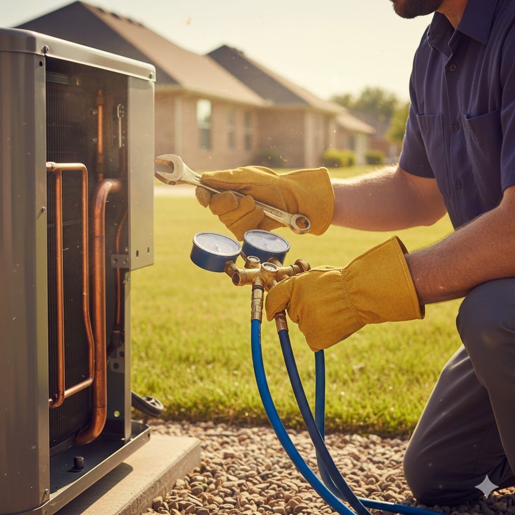 HVAC technician servicing an outdoor air conditioning unit with gauges and wrench in a residential yard.