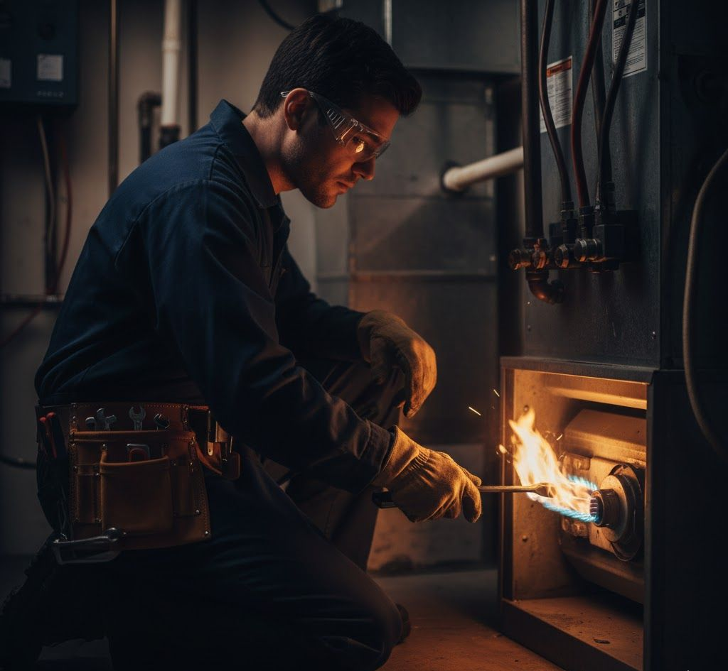 HVAC technician in blue overalls kneels, lighting a furnace with a match. Gloves, safety glasses, and tool belt visible.