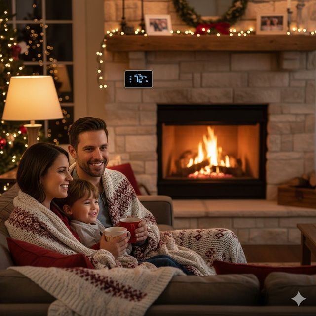Family snuggled on a couch by a fireplace. They are covered with a blanket, drinking from mugs. Cozy holiday setting.