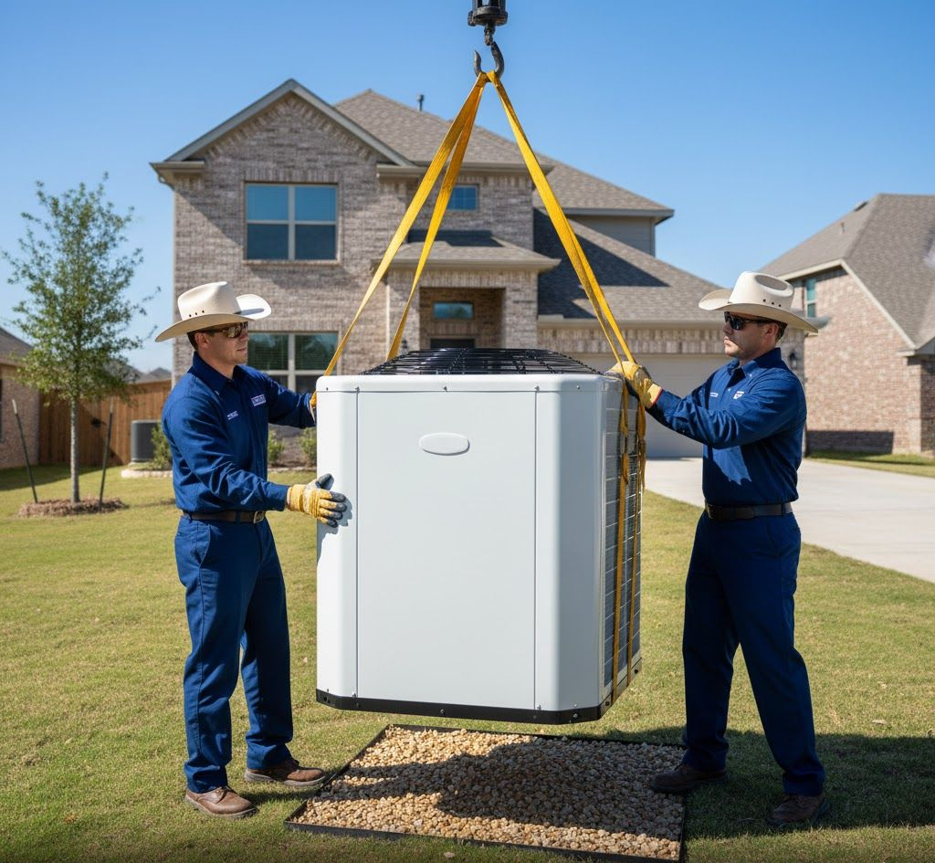 Two men in work uniforms lifting a large, light-colored box with straps on a residential lawn.