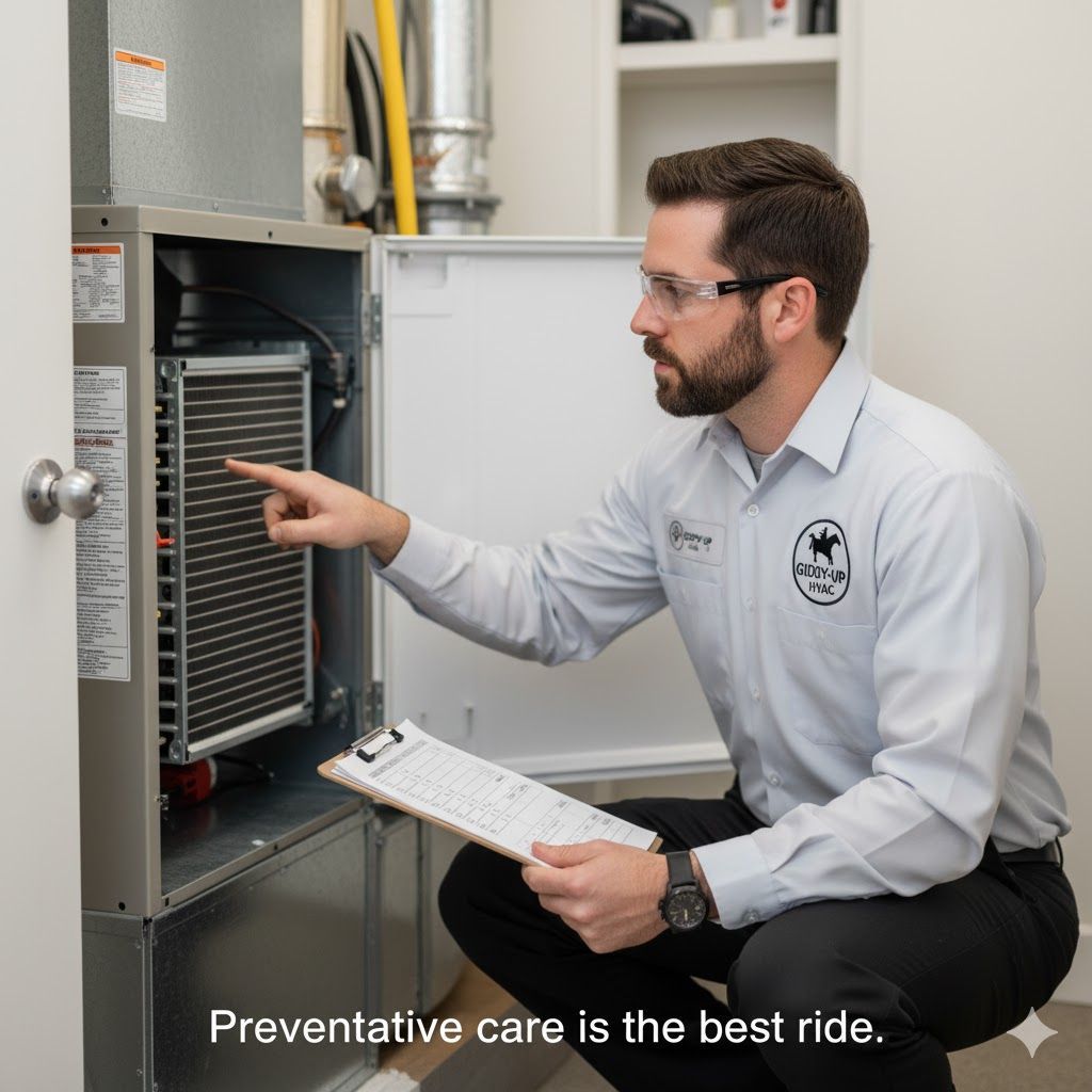 HVAC technician examining a furnace unit. He points to a component while holding a clipboard.