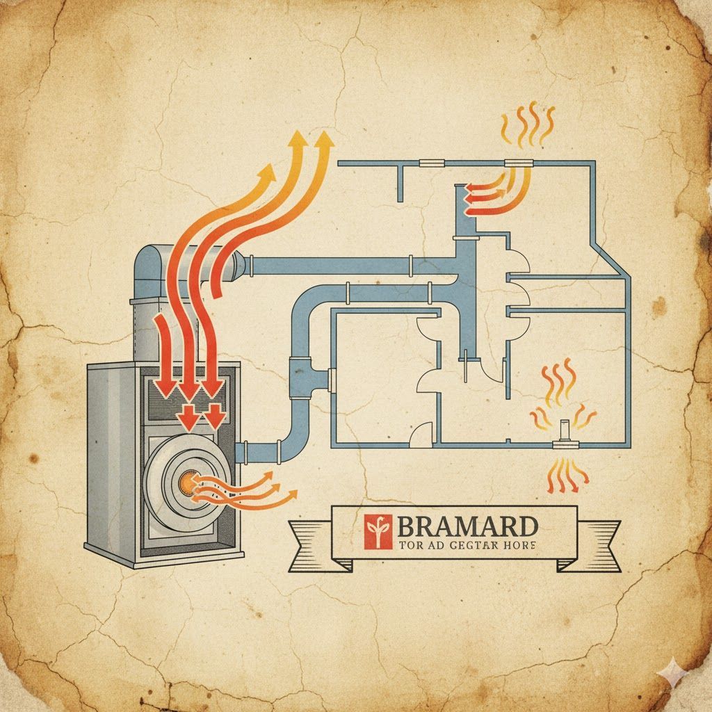 Diagram of a forced-air heating system. Orange arrows indicate airflow, blue ductwork, and the 