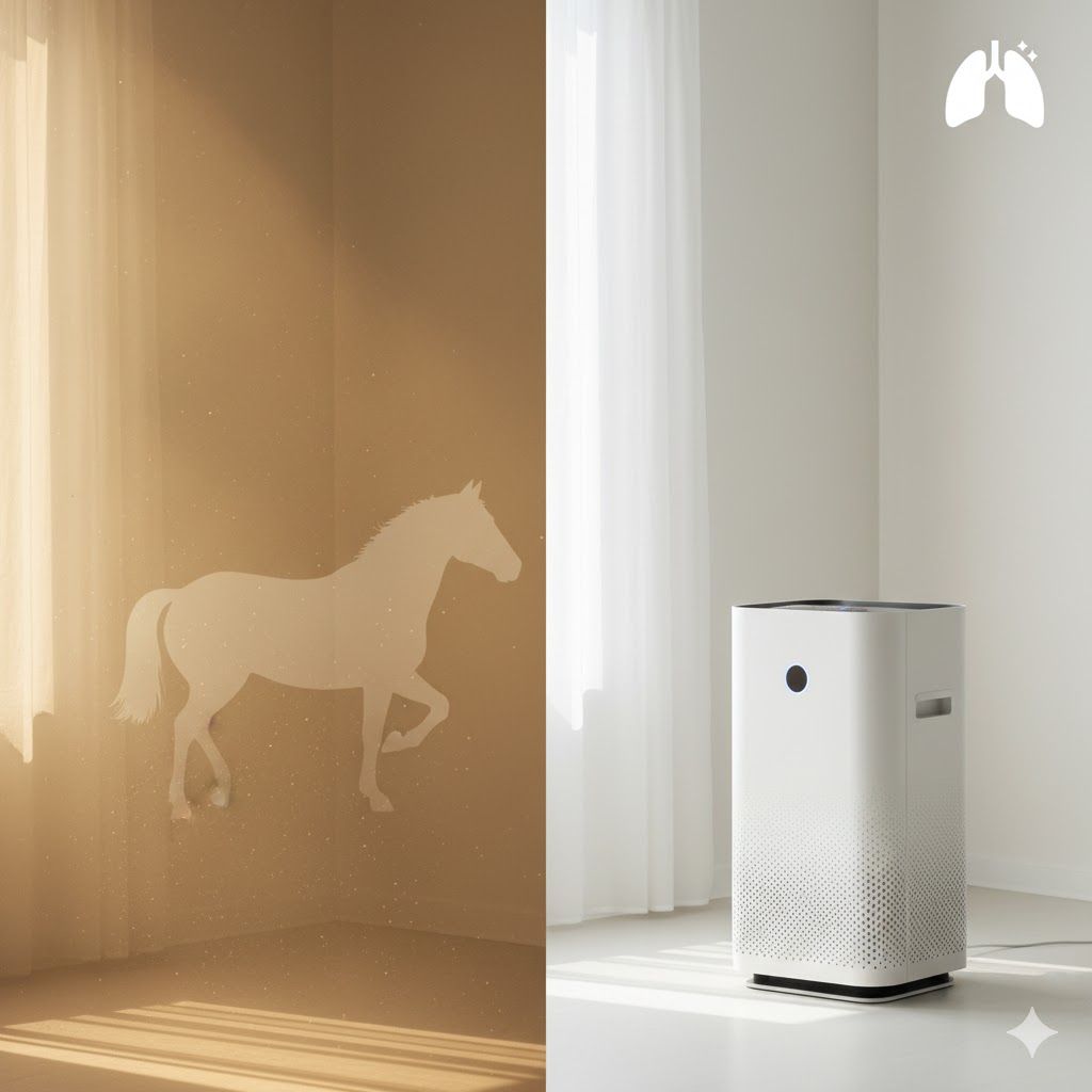 Split-screen: a horse silhouette projected on a wall next to an air purifier in a room.