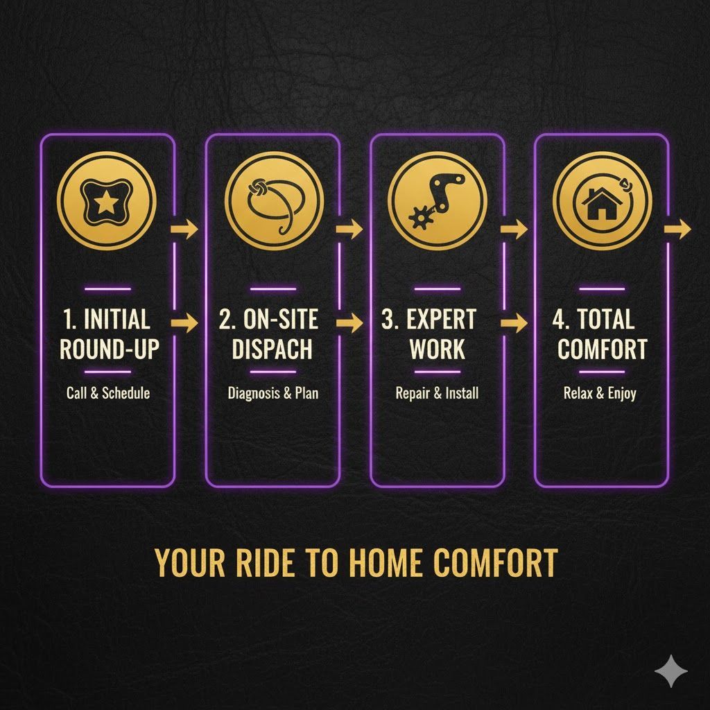 Infographic: Steps to home comfort. Includes Initial Round-up, On-site dispatch, Expert Work, and Total Comfort stages.