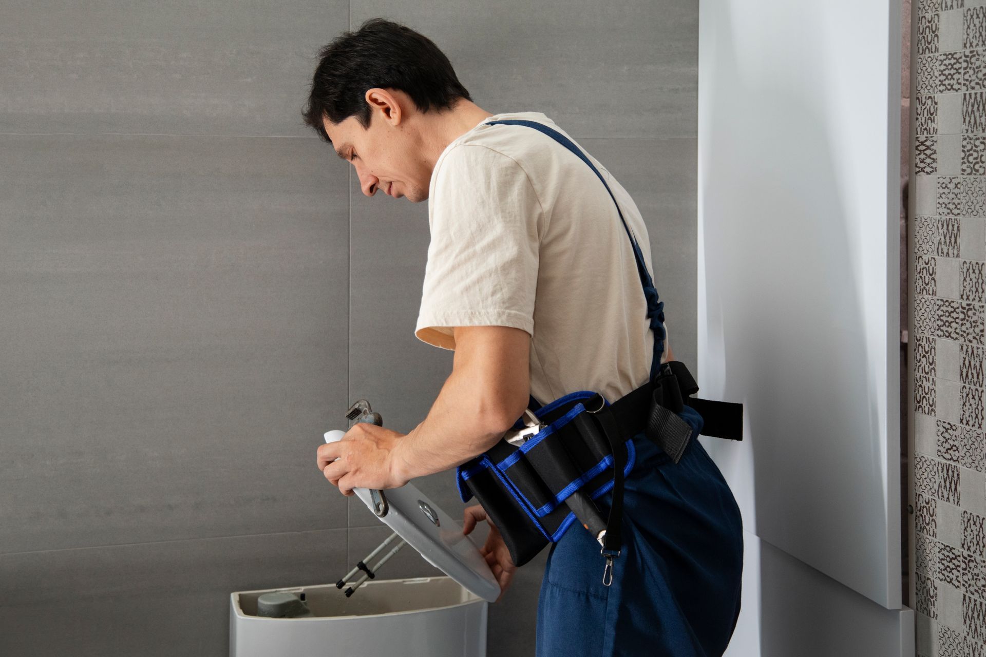 Plumber in a bathroom repairing a toilet, wearing a tool belt.