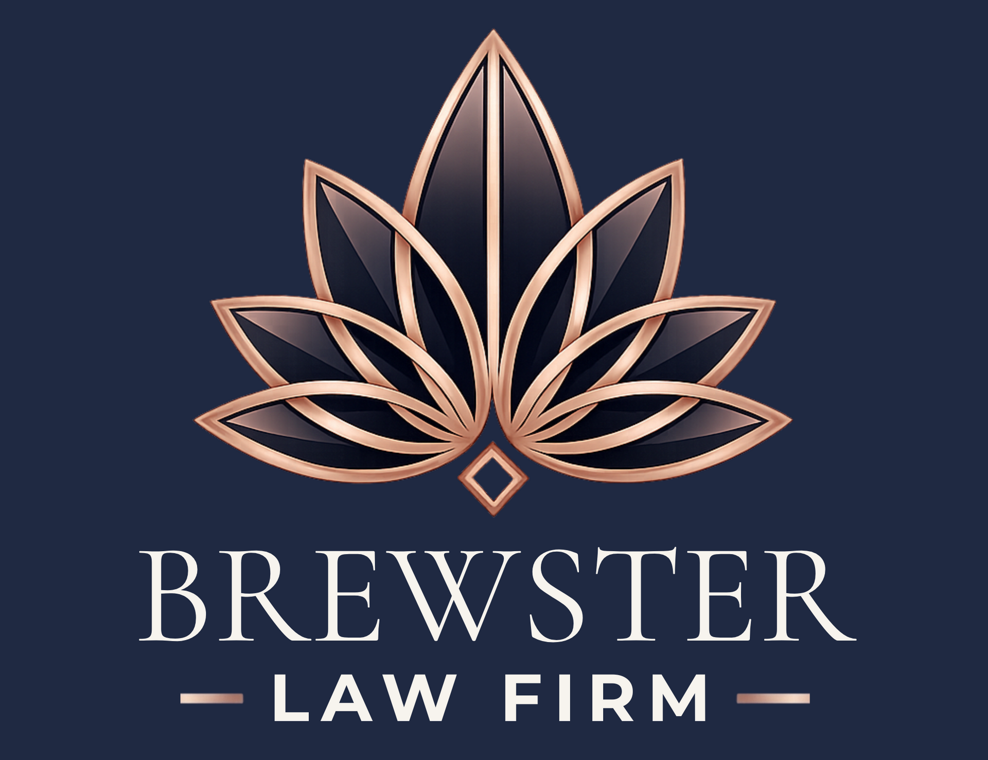 Brewster Law Firm logo with rose-gold lotus on navy background