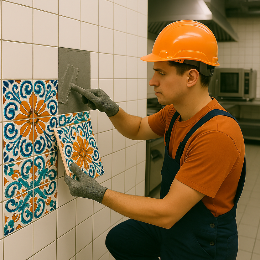 A man wearing an orange hard hat is installing tiles on a wall