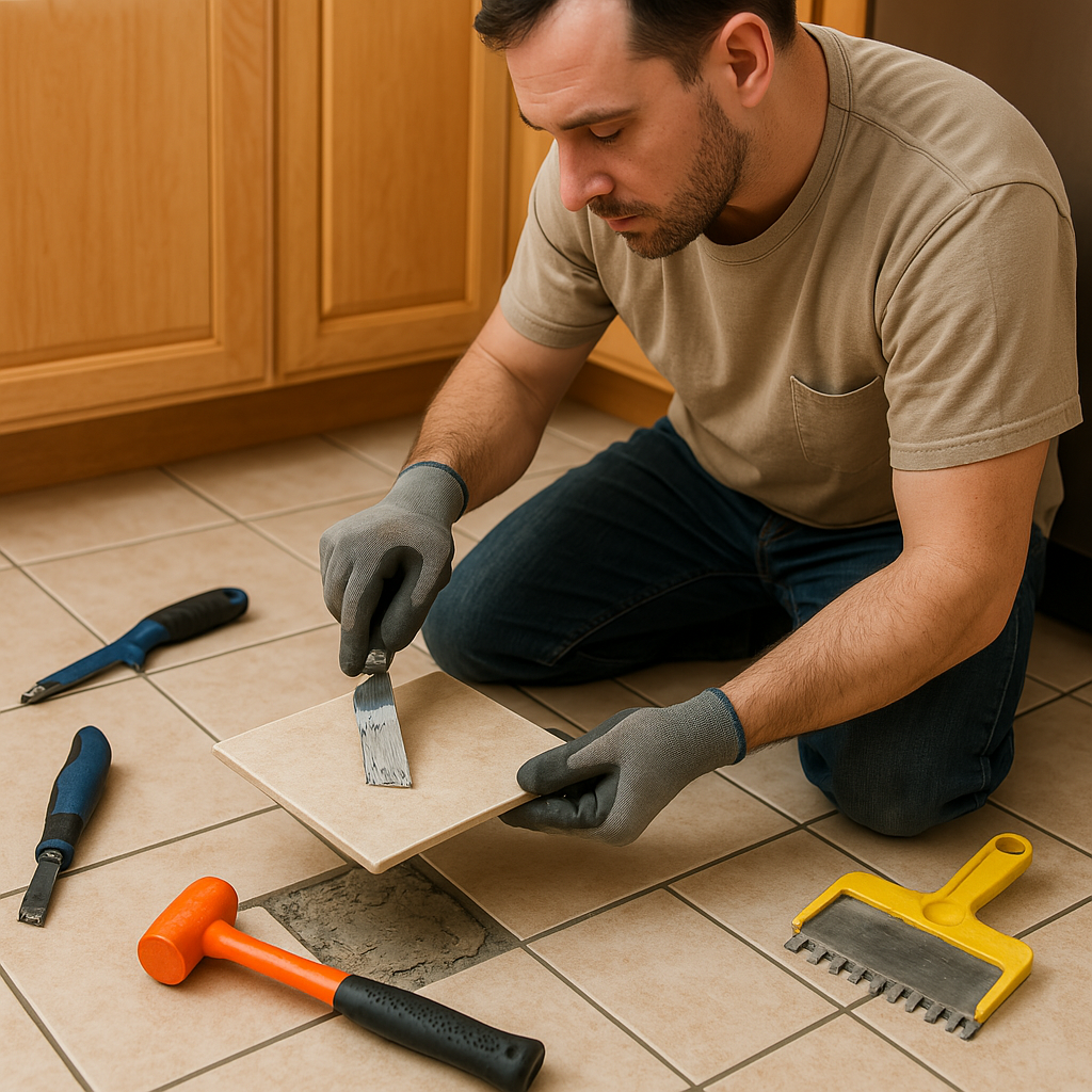 A man is kneeling on the floor using a spatula to remove a tile