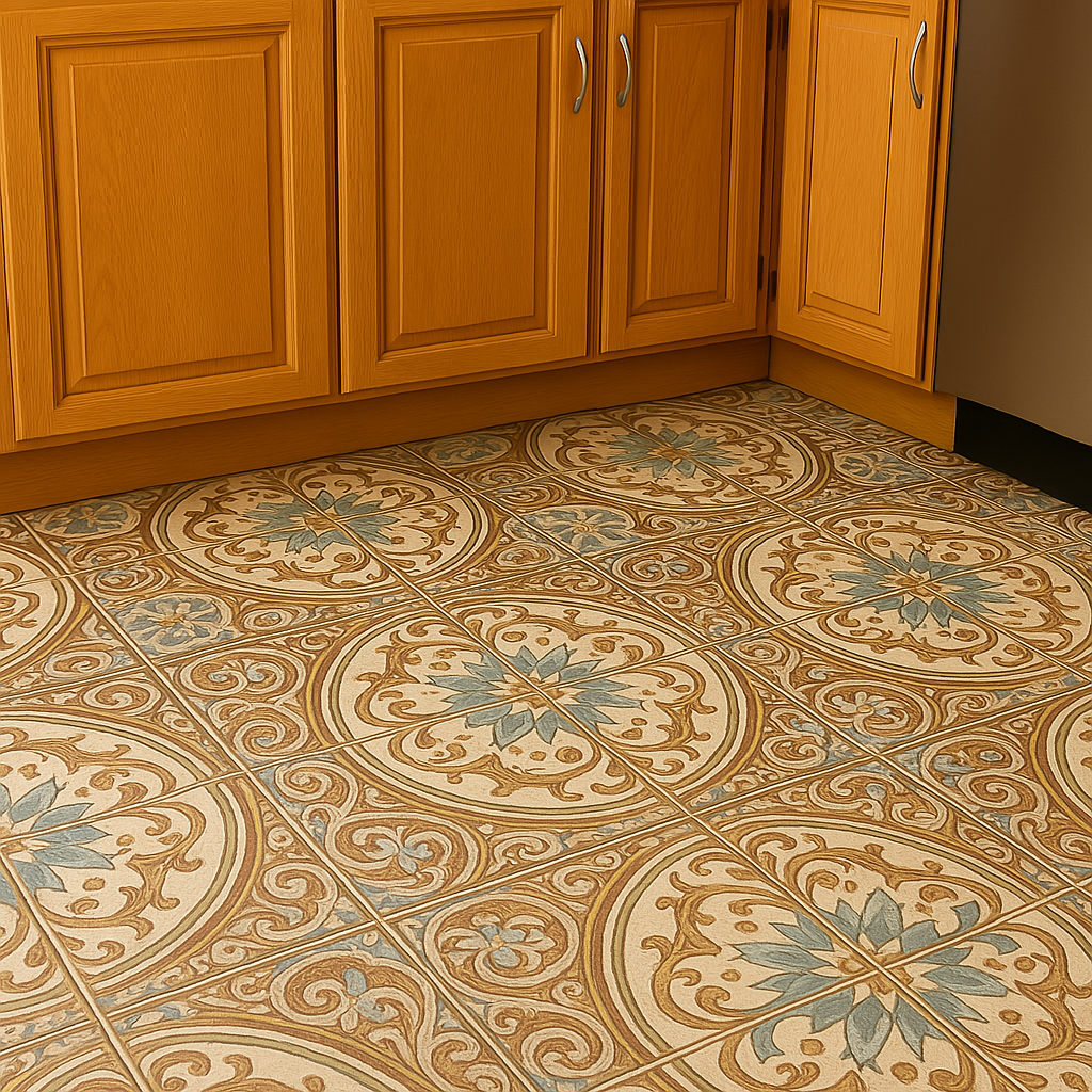 A kitchen with wooden cabinets and a tiled floor