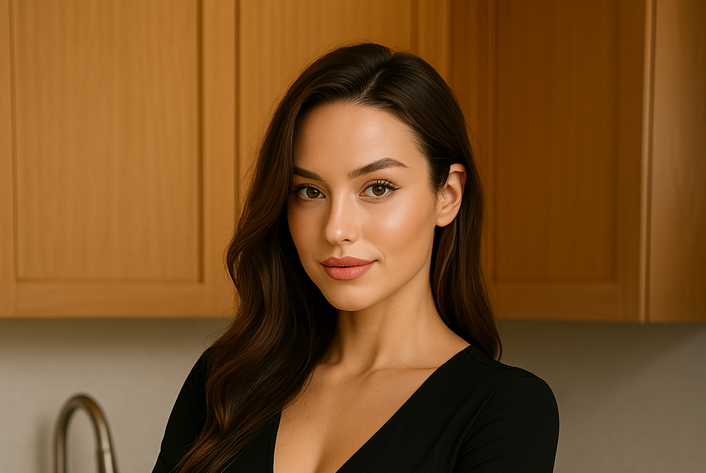 A woman in a black dress is standing in a kitchen.