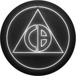 White glowing symbol inside a black circle. The symbol has a triangle, a circle around it, and the letters “CB.”