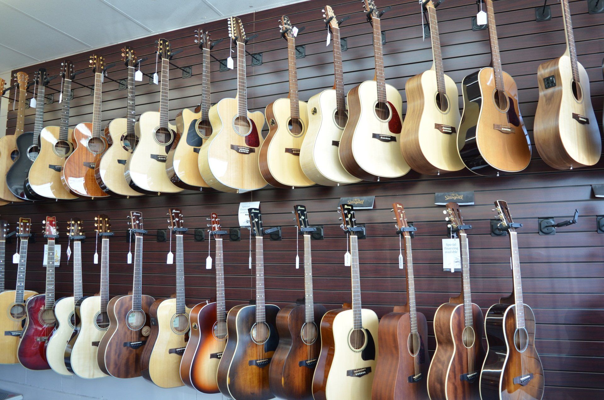 Acoustic guitars displayed on a brown slat wall in a music store.
