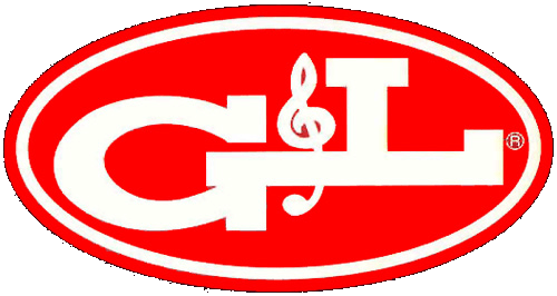 Logo for G&L Guitars, white text in a red oval. The G and L flank a treble clef.
