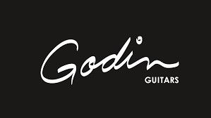 Godin Guitars logo in white script on a black background.