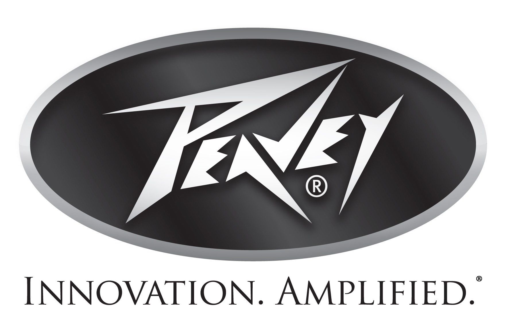 Peavey logo, white text on black oval, with the tagline