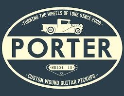 Logo for Porter Custom Wound Guitar Pickups. Features an off-white pickup truck illustration, with text on a blue background.