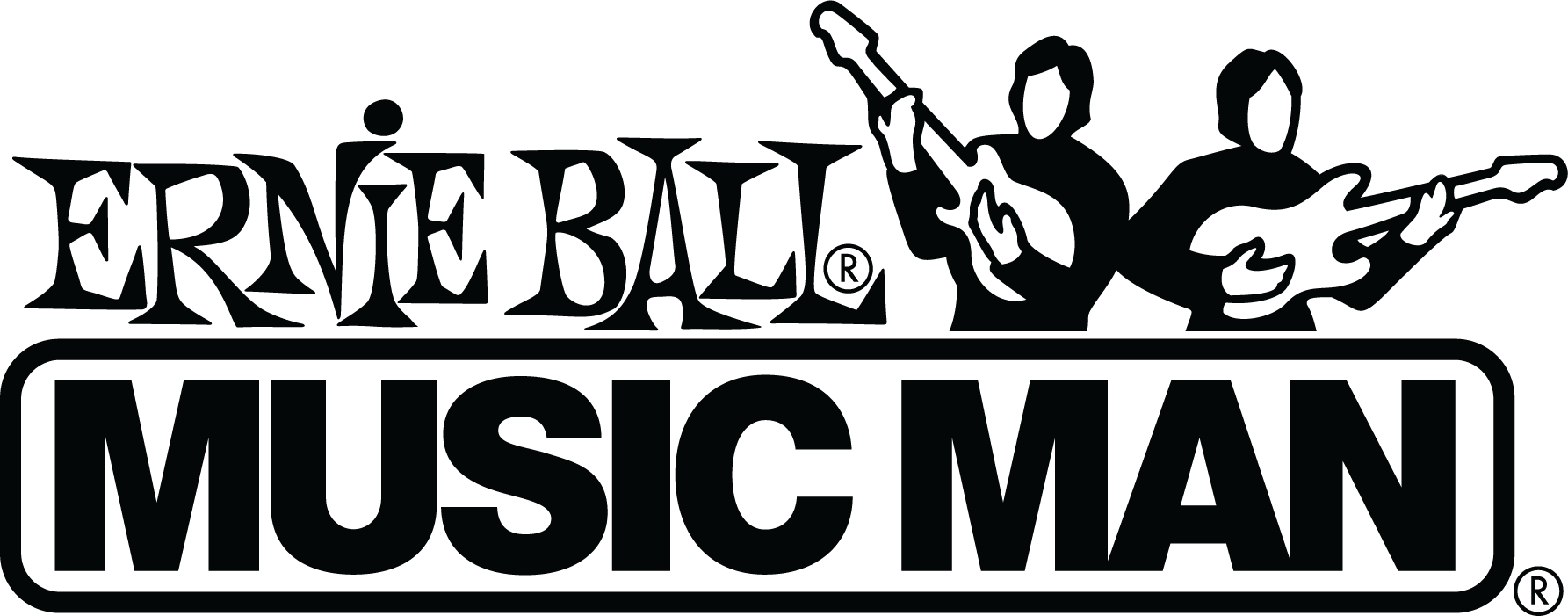 Ernie Ball Music Man logo: text above a horizontal rectangle with text; two guitar-playing silhouettes are between the texts.