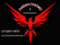Red phoenix logo for Pheenix Coatings & Maintenance, with text and phone number on black background.