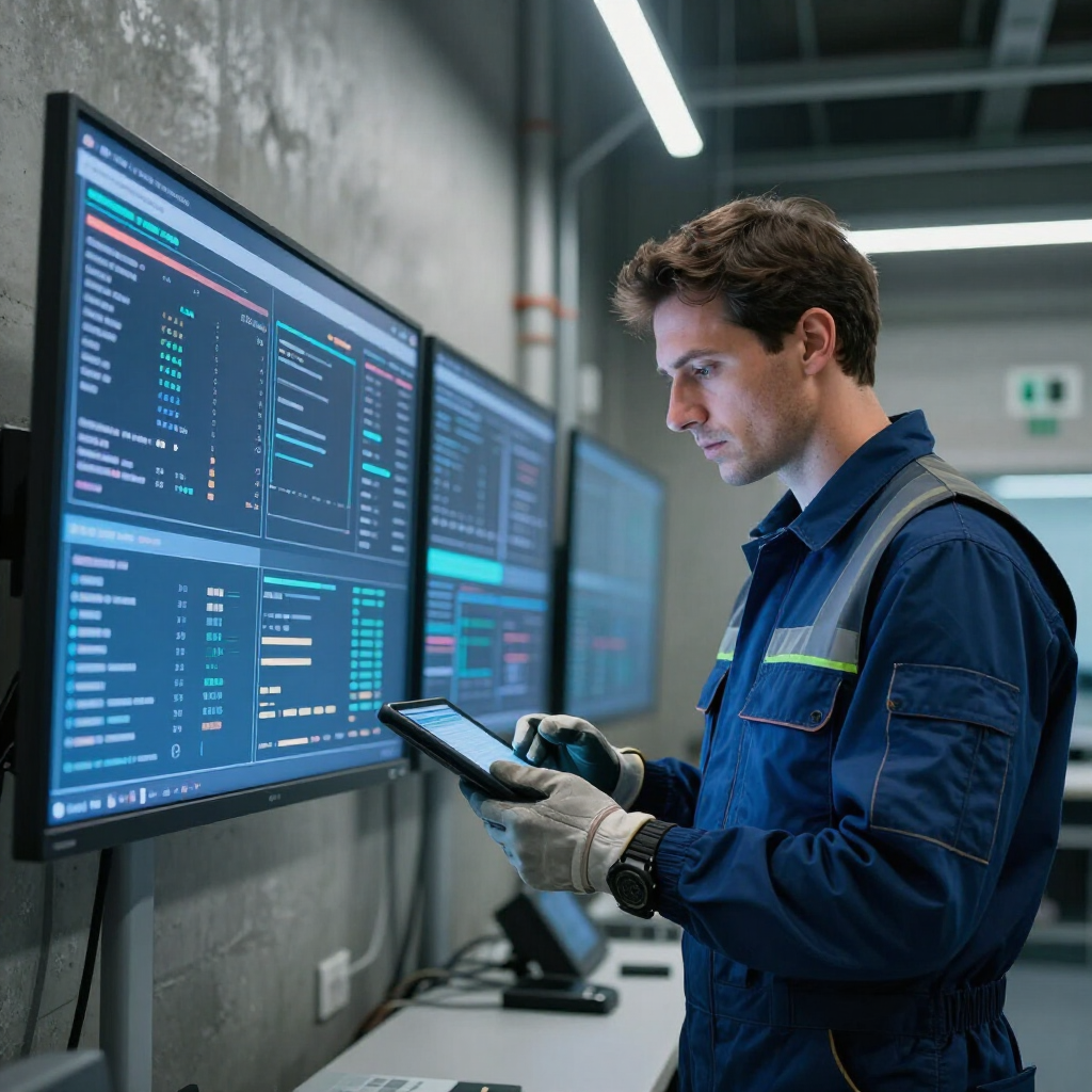 Tecnónico revisando dashboard de monitoreo digital en entorno industrial