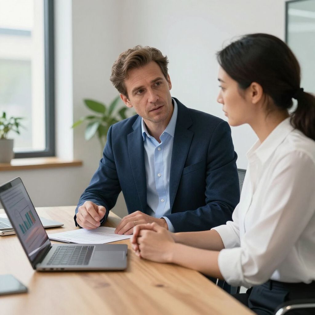 Een man in pak wijst naar een document terwijl hij met een vrouw aan een tafel met een laptop praat; ze hebben een serieuze uitdrukking op hun gezicht.