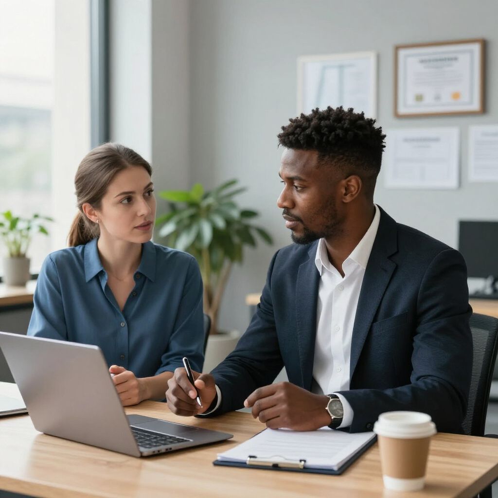 Een vrouw en een man zitten aan een bureau en kijken naar een laptop. De man heeft een pen, een klembord en koffie.