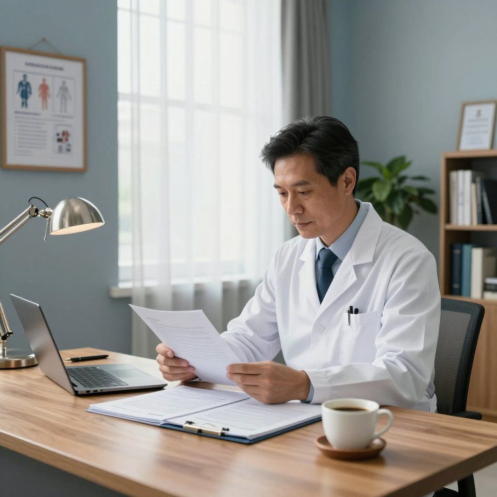 Een arts in een witte jas bekijkt documenten aan een bureau in een kantooromgeving.