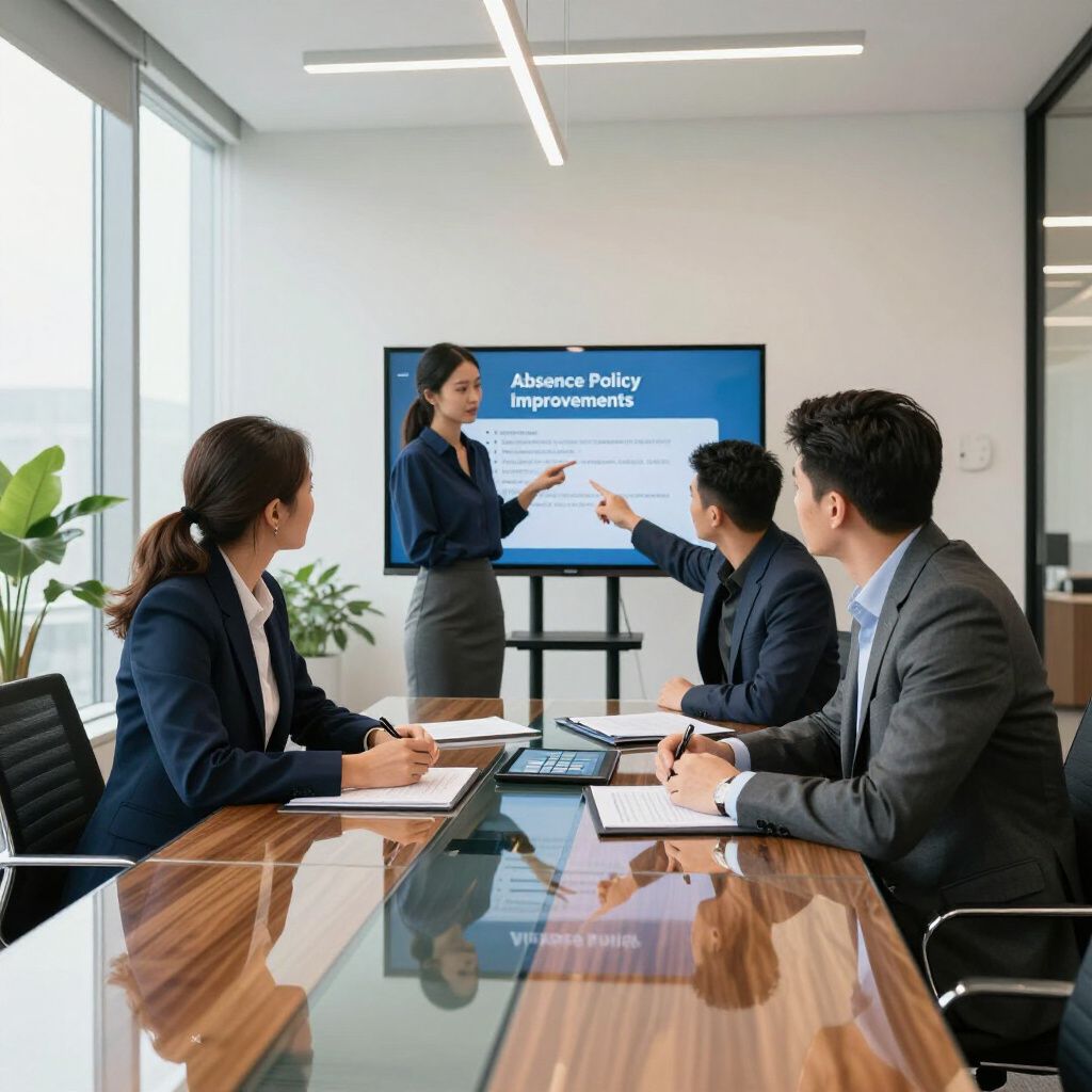 Een team van zakenmensen in een vergadering wijst naar een scherm met de tekst 