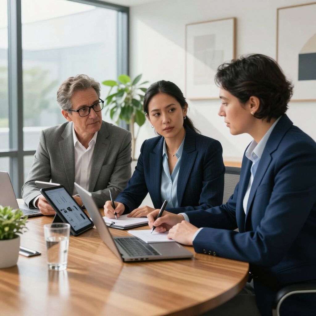 Drie personen in zakelijke kleding zitten aan een tafel en bespreken gegevens op een laptop en tablet.