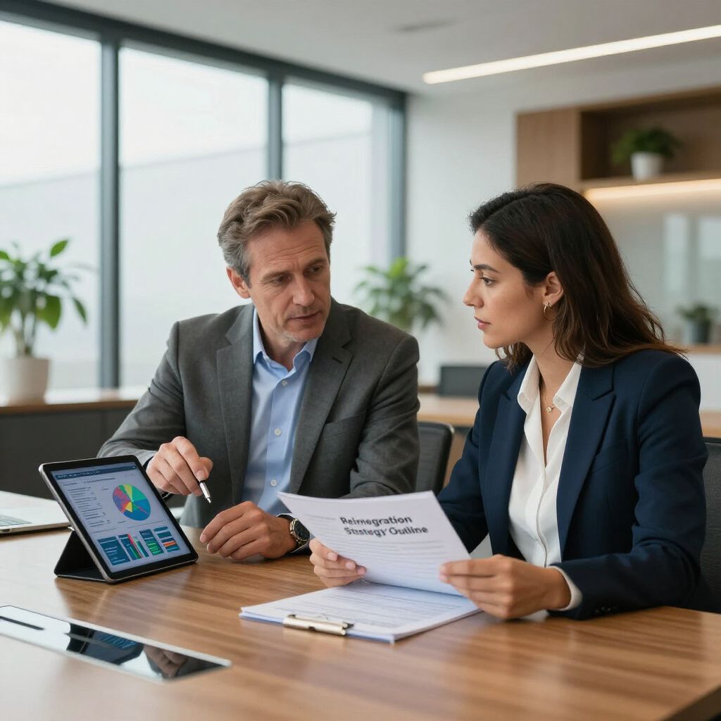 Een man wijst naar een tablet terwijl een vrouw een document bekijkt in een moderne kantooromgeving.