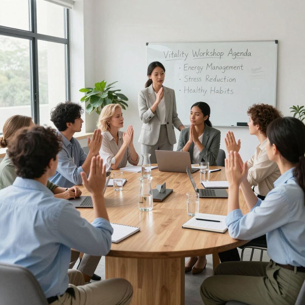 Een vrouw leidt een vergadering; de aanwezigen applaudisseren. Whiteboard: 