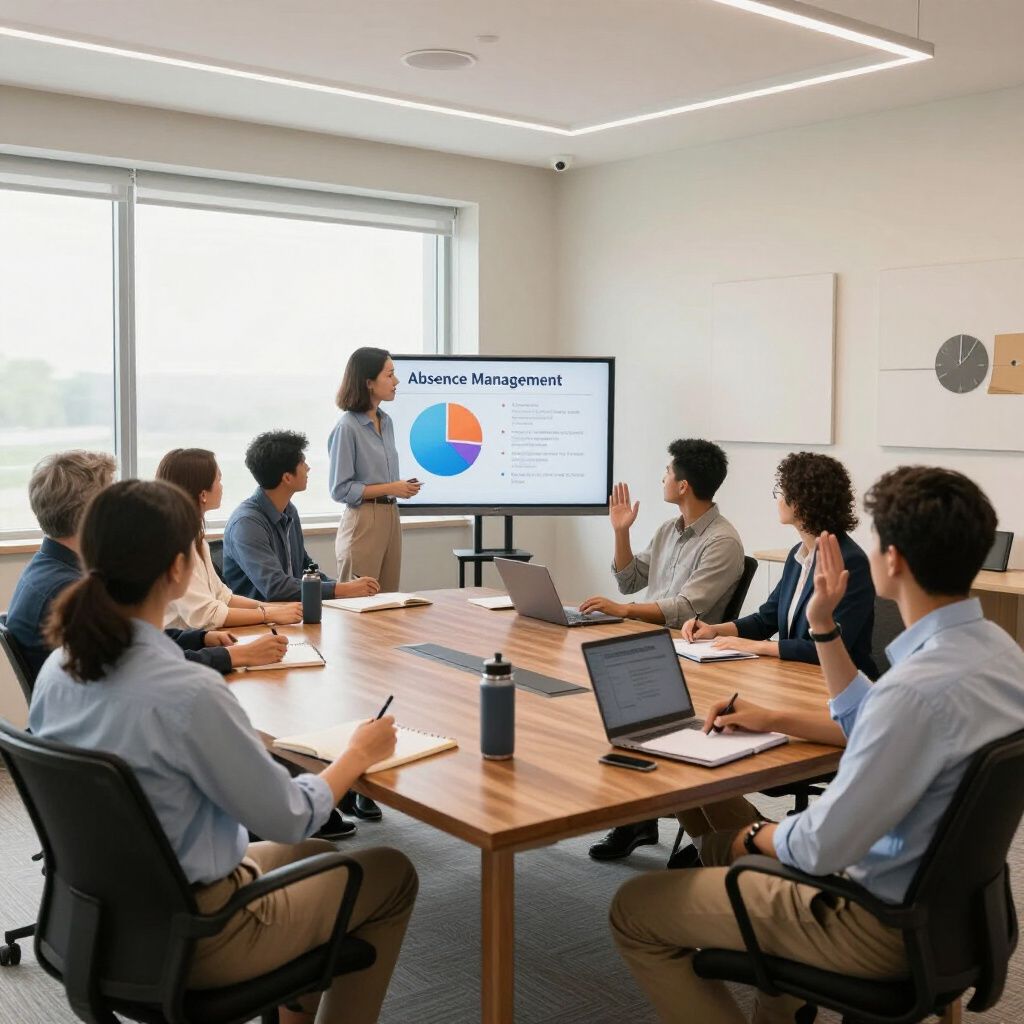 Zakelijke bijeenkomst in een moderne vergaderruimte. Een vrouw presenteert een cirkeldiagram op een scherm aan collega's die aan een houten tafel zitten.