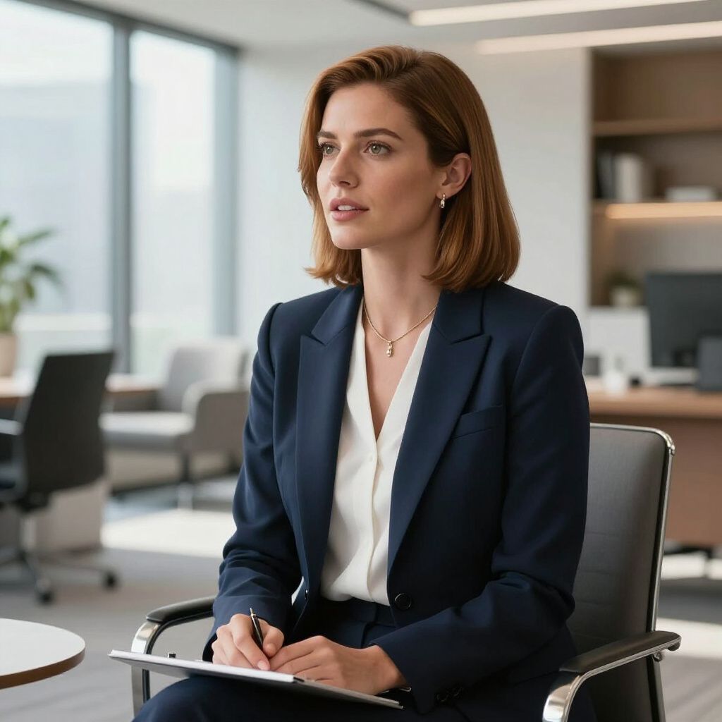 Vrouw in een blauw pak in een kantoor, met een klembord in haar hand, kijkt peinzend.
