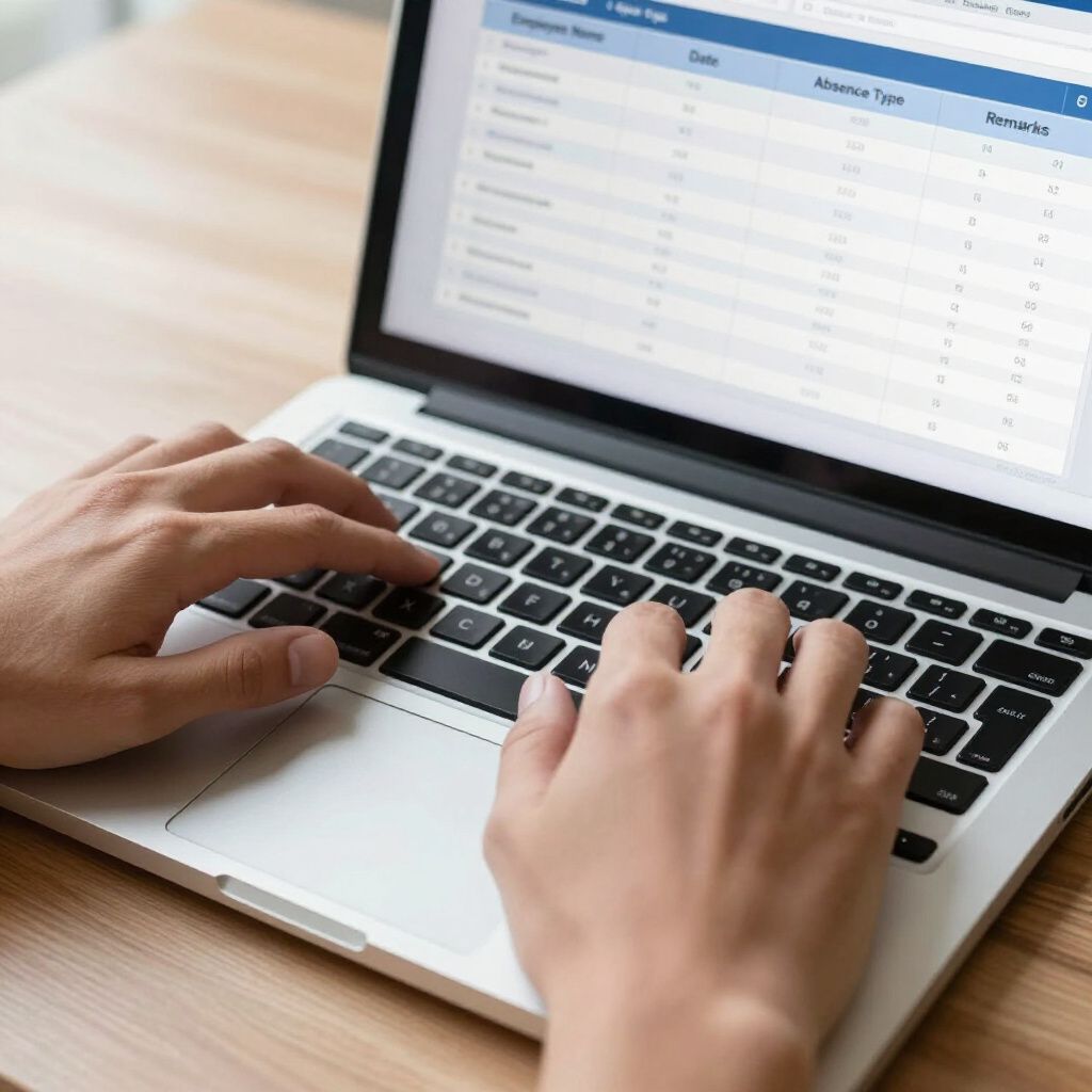 Handen typen op een laptop met een spreadsheet open op het scherm, op een houten bureau.