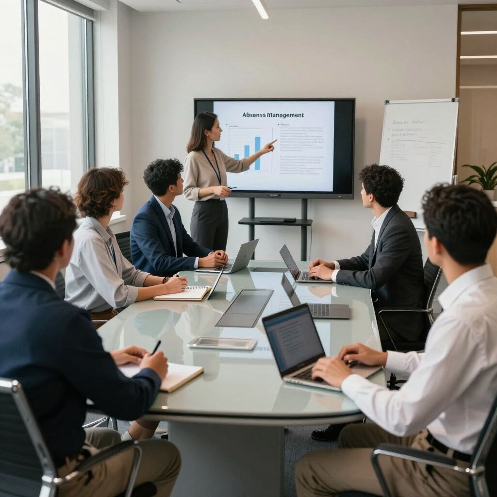Een vrouw wijst naar een grafiek op een scherm en geeft een presentatie aan een groep mensen die rond een tafel zitten.