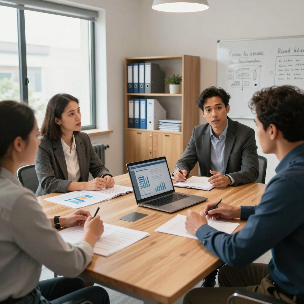 Vier mensen in pak zitten aan een houten tafel in een vergadering, met een laptop waarop een grafiek openstaat.