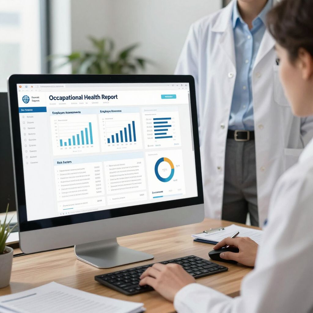 Een persoon kijkt in een kantoor naar een computerscherm waarop een rapport over arbeidsgezondheid met grafieken en gegevens wordt weergegeven.