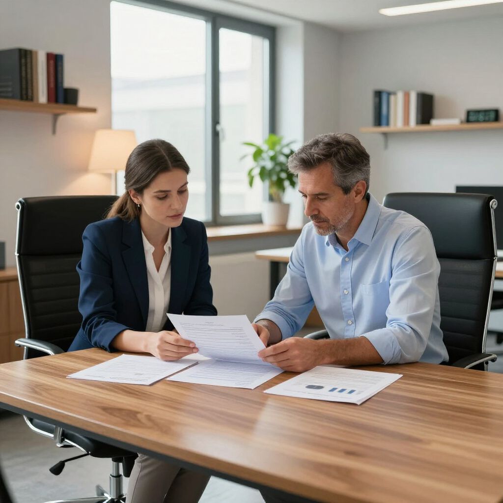 Een vrouw en een man zitten in een kantoor documenten door te nemen aan een bureau.