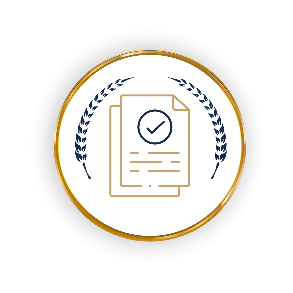 Documents with a check mark, wheat stalks, and gold border.
